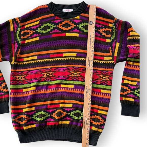 Vintage 80s United Colors of Benetton Multicolor Aztec Cotton Sweater Size XL - Picture 3 of 8